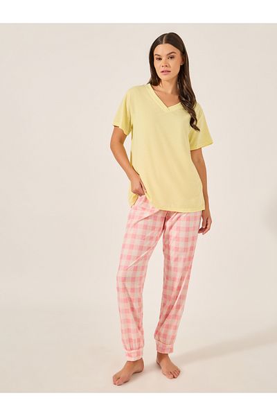 Styli V-Neck T-Shirt and Checked Cuffed Pajama Set