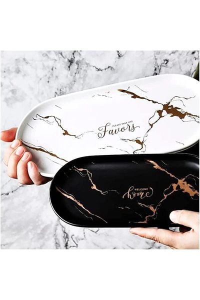 Generic Goldedge 29.5x13.5x2 CM Ceramic Serving Tray,Nordic Style Marble Gold Inlay, Microwave,Oven and Dis