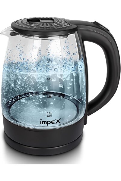İMPEX Electric Glass Kettle 1.8L, 1500W, High Boron Glass, 360° Rotatable Base, Triple Thermostat