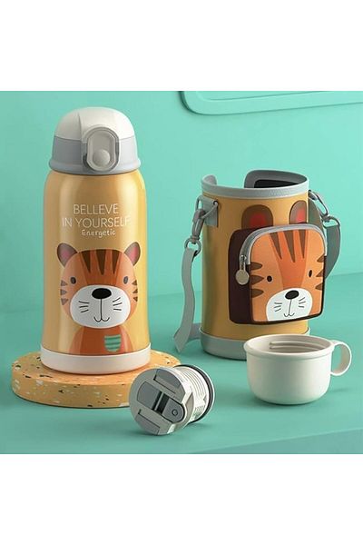 Generic EBS SOUQ Kids Water Bottle, 550ML Stainless Steel Vacuum Insulated Flask with Straw, 3 Lids, Cup an