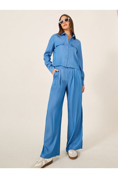 Styli Chambray Long Sleeve Shirt and Pleated Paperbag Waist Pants Co-Ords