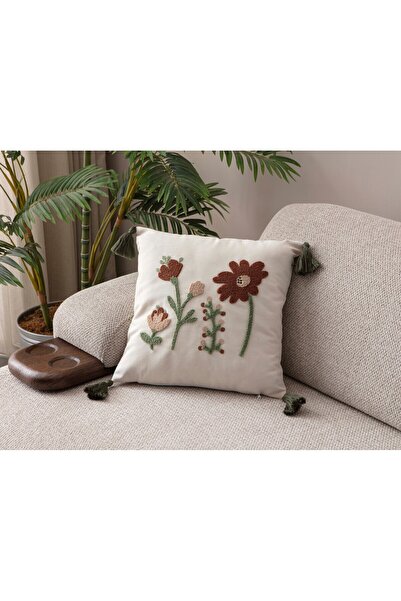 dekomall home & living Tasseled Punch Embroidered Throw Pillow Cover Flower Garden 43X43 cm