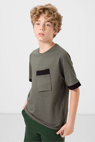 TOMMY LIFE Khaki Cotton Soft Textured Oversize Pocket Detailed Boy's T-Shirt - 11295