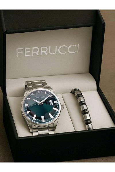 Ferrucci Brand Men's Wristwatch - Silver Case & Steel Band - Classic Model with Calendar - Bracelet Gift
