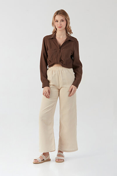 Fulla Moda Λινό παντελόνι με ελαστική μέση και τσέπη