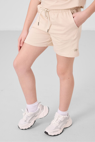 TOMMY LIFE Bej Pamuklu Yumuşak Dokulu Standart Fit Basic Kız Çocuk Şort Takım - 75184