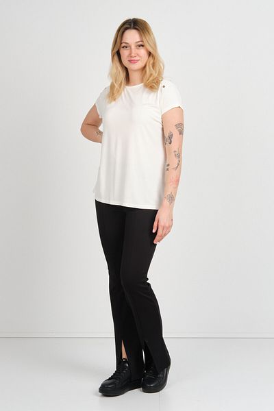 Sistas Women's Short Sleeve Shoulder Ornament Button Crew Neck Blouse 24157 Ecru