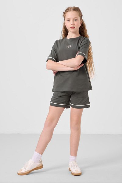 TOMMY LIFE Khaki Cotton Soft Textured Standard Fit Basic Girl's Shorts Set - 75183