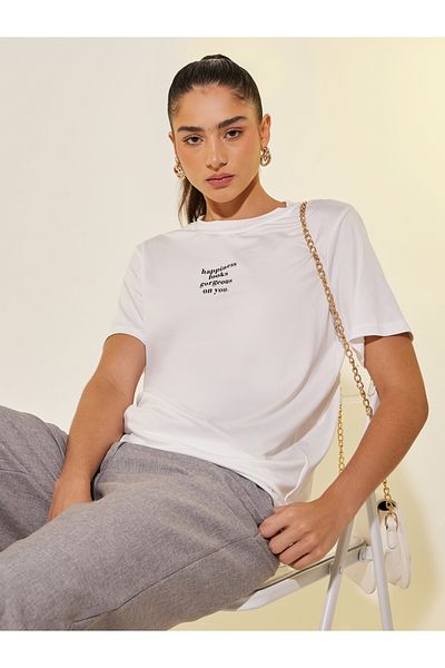 Styli Slogan Print Round Neck Regular Fit T-Shirt