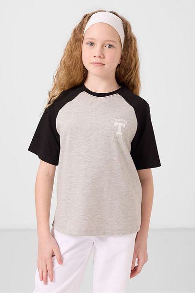 TOMMY LIFE Gray Melange O-Neck Cotton Printed Oversize Fit Girl's T-Shirt - 75179