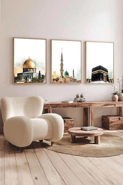 Dekorsiahome 3 Pieces Wooden Framed Kaaba Mosque Al-Aqsa Mosque Nebaevi Paintings Set3033