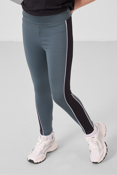 TOMMY LIFE Black-Forest Green O Neck Side Stripe Detailed Standard Fit Performance Girl's Tights Suit - 75191