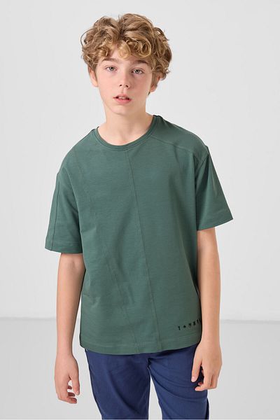 TOMMY LIFE Light Green Cotton Soft Textured Oversize Basic Boy's T-Shirt - 11297