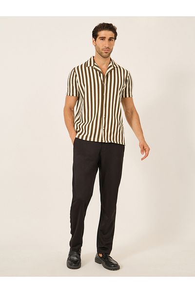 Fort Collins By Styli Men Brown Striped Short Sleeve Regular Fit Shirt