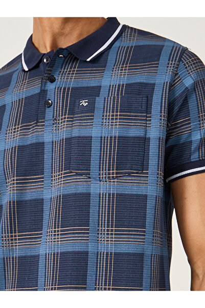 Fort Collins By Styli Men Blue Checked Pocket Detail Regular Fit Polo T-Shirt
