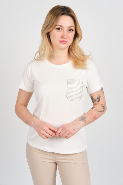 Sistas Women's Ornament Pocket Thin Chain Embroidered Short Sleeve Crew Neck Blouse 4277 Ecru