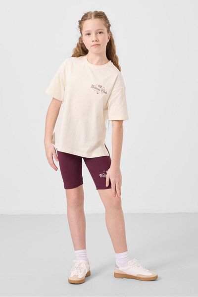 TOMMY LIFE Ecru-Burgundy Cotton O Neck Standard Fit Printed Girl's Tights Set - 75190