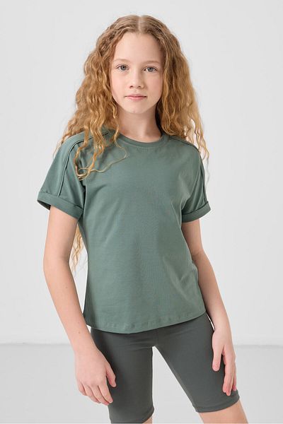 TOMMY LIFE Light Green Cotton O-Neck Oversize Fit Basic Girl's T-Shirt - 75182