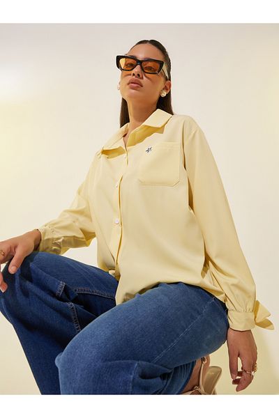 Styli Embroidered Detail Bow Knot Cuff Oversized Shirt
