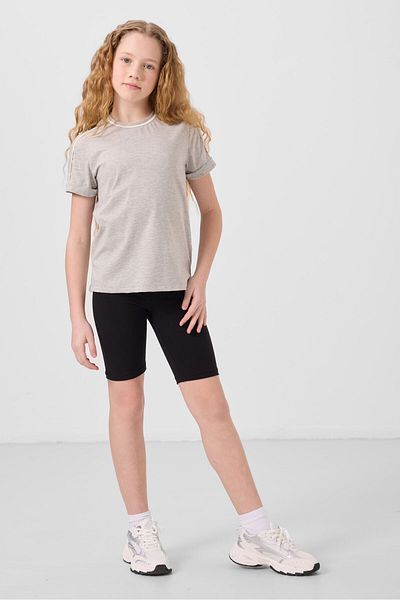 TOMMY LIFE Gray Melange Cotton O Neck Standard Fit Basic Girl's T-Shirt - 75177
