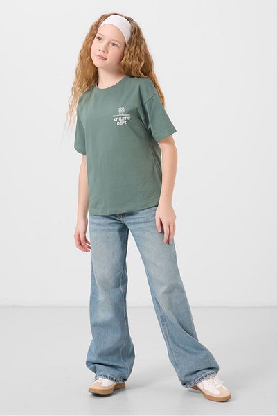 TOMMY LIFE Light Green Cotton O-Neck Oversize Fit Printed Girl's T-Shirt - 75178