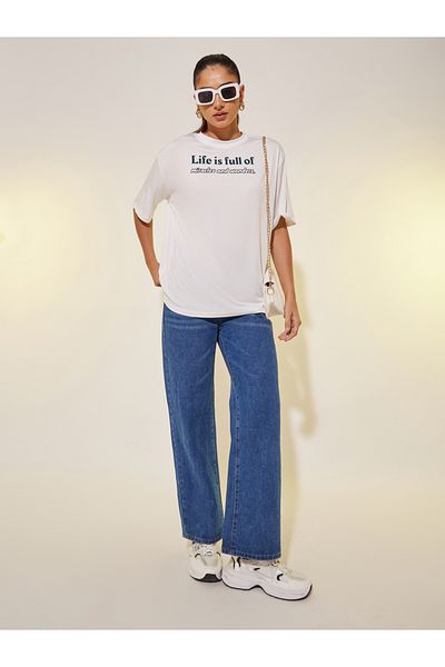 Styli Round Neck Slogan Print T-Shirt