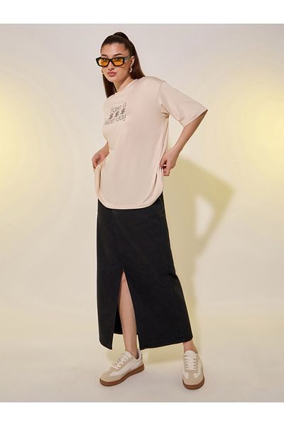 Styli Slogan Print Round Neck Oversized T-Shirt