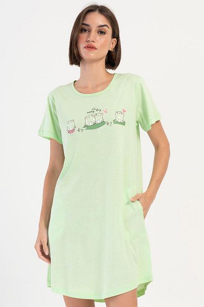 VİENETTA Women's Short Sleeve Green Nightdress 100% Cotton C5T7N0O704