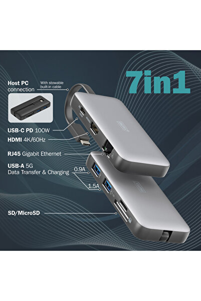 Digitus USB-C Seyahat Tipi Docking Station, 7-Port