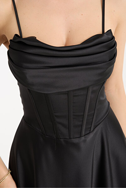 meksila kadın ip askılı balenli pile detaylı uzun kloş saten düğün davet nişan mezunuiyet abiye elbise