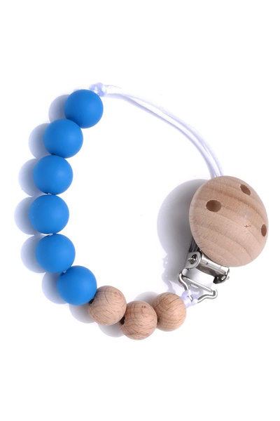 OEM Lantisor cu bile din silicon si lemn natural, clips pentru agatat suzeta sau jucaria, albastru, fara