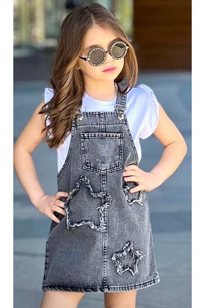 Calisa Girl's T-Shirt and Star Detailed Denim Skirt Salopet Eid Suit