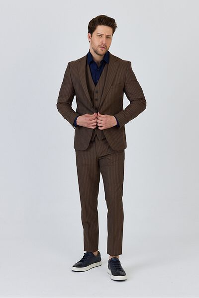 Frappoli Ateca Men's Mustard Italian Striped Jacket+Pants+Vest Slim Fit Suit