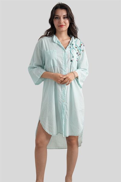 Miss Boheme Turquoise Embroidered Short Button Detailed Tunic Dress