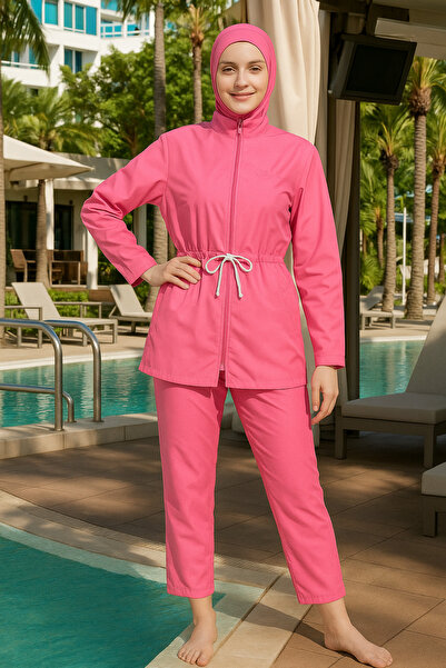 nacar çarşı Women's Pink Full Covered Hijab Set – Waterproof, Quick Dry Swimsuit