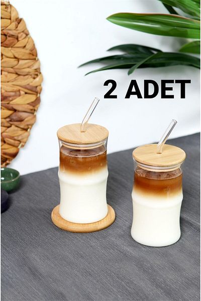 Bayev 2 Pieces 330 ml Bamboo Lid Glass Pinterest Cup with Straw - Borosilicate Coffee Presentation Cup 401307