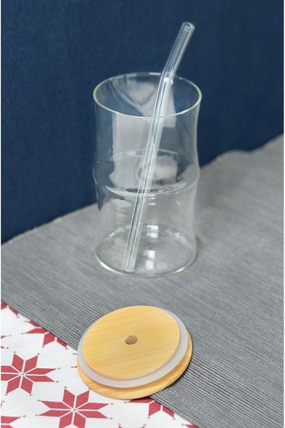 Bayev 330 ml Bamboo Lid Glass Pinterest Cup with Straw - Borosilicate Coffee Presentation Cup 401307