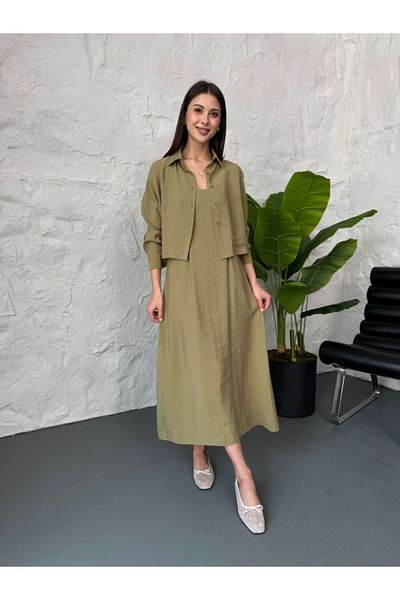 Elif Özbey Butik Σετ πουκάμισο με λουράκι από σχοινί χακί