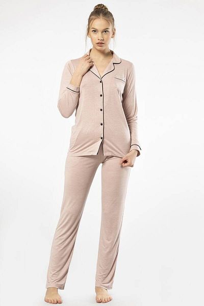TÜREN Plain Long Sleeve Shirt Collar Pajama Set