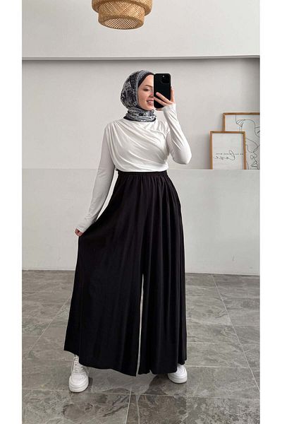 Hatun Atila Wide Leg Modal Skirt Trousers with Elastic Waist - Black