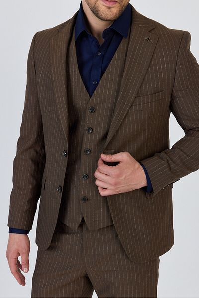 Frappoli Ateca Men's Mustard Italian Striped Jacket+Pants+Vest Slim Fit Suit