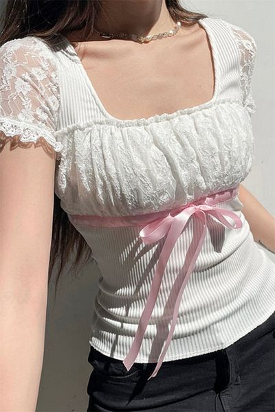 Karakedi White Lace Gathered Pink Ribbon Square Neck Short Sleeve Crop