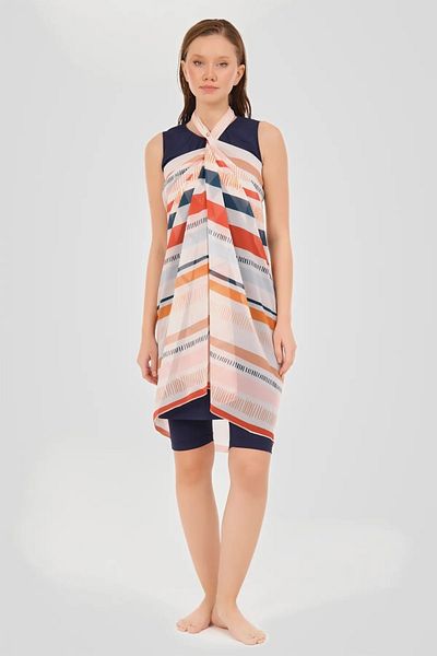 Bordomix 7088 Women's White Colored Striped Beach Pareo