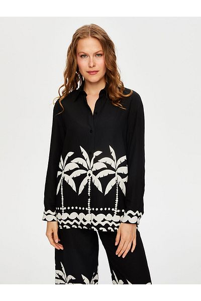Faik Sönmez Women's Resort Skirt Palm Tree Patterned Monochrome Tunic Faik Sönmez