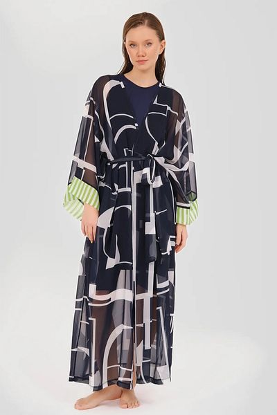 Bordomix 7051 Women's Navy Blue Geometric Patterned Pareo with Long Belt - Beach Dress