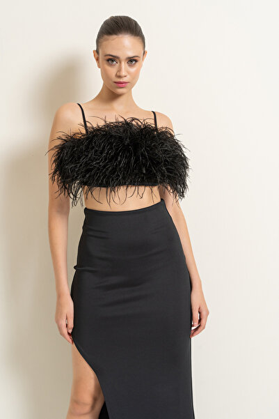 Kikiriki Siyah Askılı Tüylü Mini Büstiyer