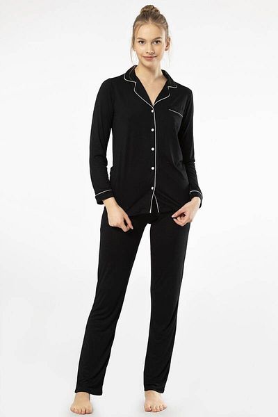 TÜREN Plain Long Sleeve Shirt Collar Pajama Set