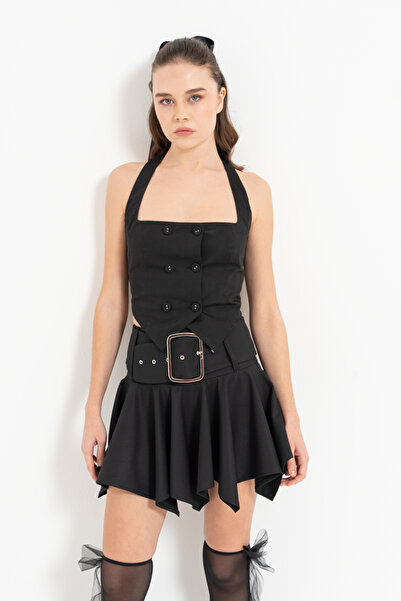 Kikiriki Siyah Boyundan Geçmeli Düğmeli Büstiyer