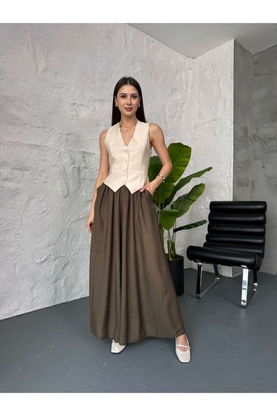 Elif Özbey Butik Fusta lungă cu talie elastică kaki