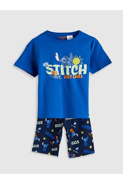 LC Waikiki Lcw Kids Blue Crew Neck Stitch Printed Boys' Shorts Pajama Set